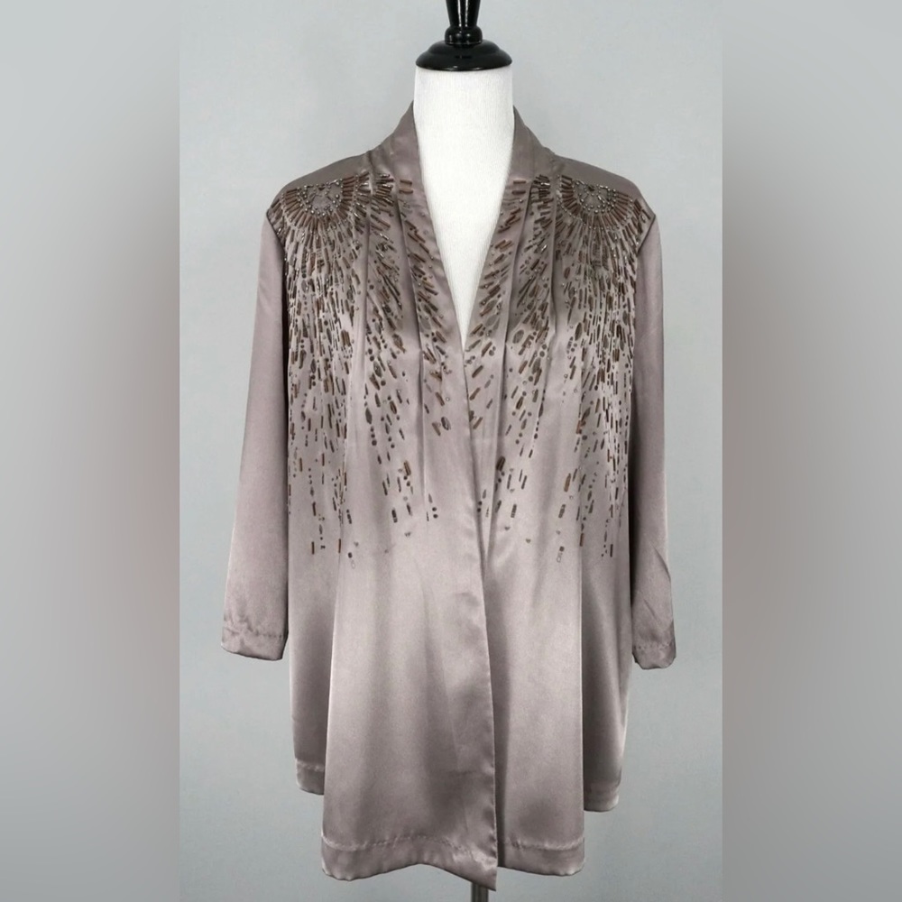 CHICOS Gray Tan Beaded Open Front Top Coat Blouse Top Size 2 Large